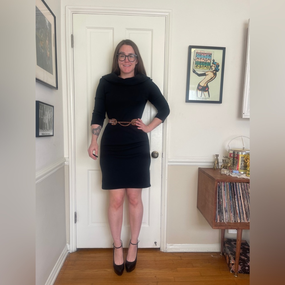 60s Vintage Black Knit Wiggle Dress w 3/4 Length Sleeves and rounded collar